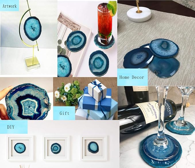 JIC Gem Dyed Teal 3-3.5" Agate Coaster Sliced Small Natural Agate Coaster for Drinks Cup Mat with Rubber Bumper Set of 4 Home Decor