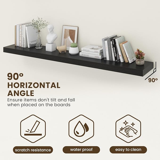 FLYJOE 72 Inch Floating Shelves | 12 Inch Deep Black Floating Shelves Set of 2 | 72" W x 12" D Rustic Black Wood Wall Shelves for Bathroom Living Room Kitchen Laundry Room