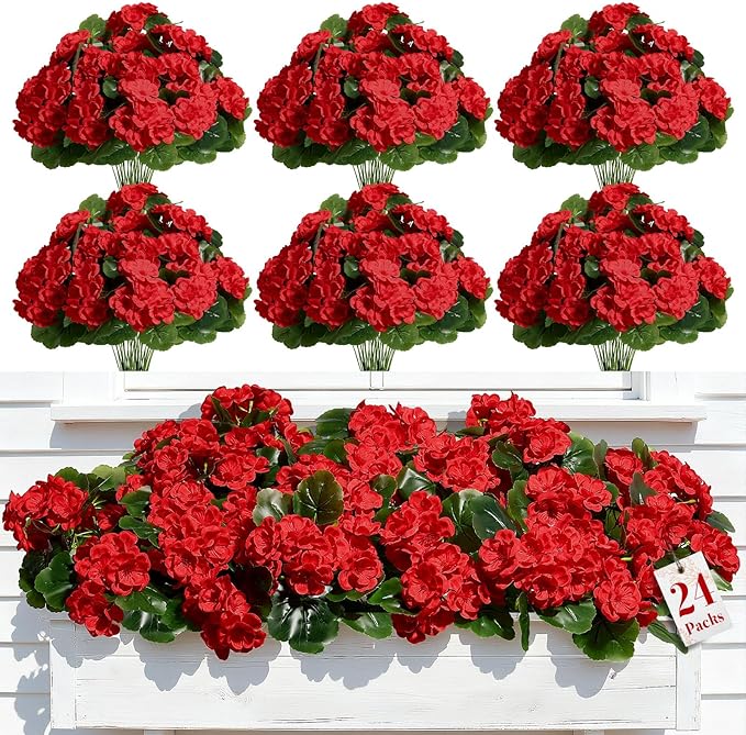 Alupssuc 24Pcs Artificial Geranium Flowers for Outdoors Decoration Silk Floral, UV Resistant Fake Plants, Faux Flower for Porch Garden Table Centerpieces Home Indoor Outside Spring Decor(24, Red)