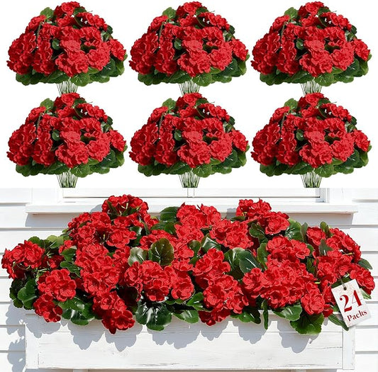 Alupssuc 24Pcs Artificial Geranium Flowers for Outdoors Decoration Silk Floral, UV Resistant Fake Plants, Faux Flower for Porch Garden Table Centerpieces Home Indoor Outside Spring Decor(24, Red)