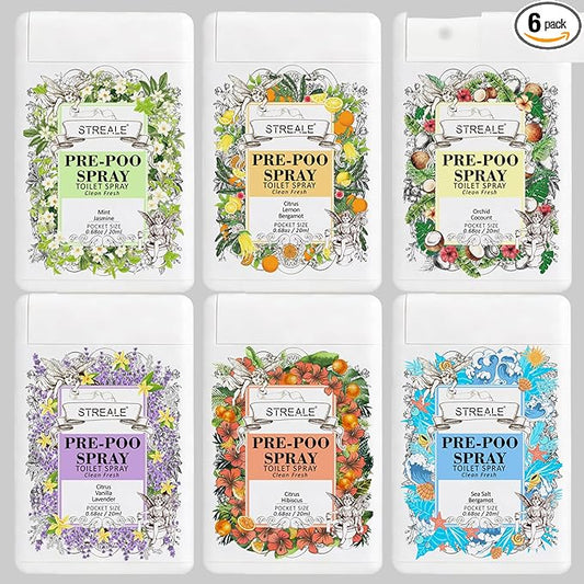 Travel Size Toilet Spray 6-Pack, Travel Essentials Toiletries, Pocket Size Pre-Poo Spray, Bathroom Odor Deodorizer, Up to 240 Uses, 6 Refreshing Scents