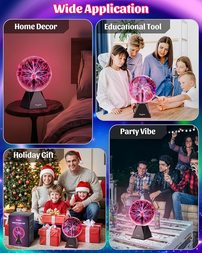 Theefun Plasma Ball: 8 Inch Huge Plasma Globe Birthday Gifts Touch & Sound Sensitive Ball Lamp Electric Lightning Novelty Light for Parties, Home, Prop, Room Decoration