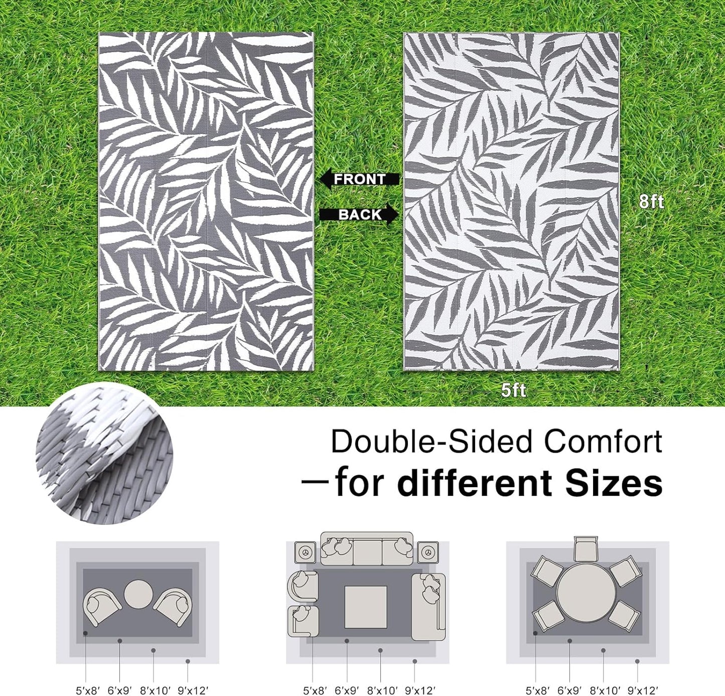 OLANLY Waterproof Outdoor Rug 5x8 ft, Reversible Outdoor Plastic Straw Rug with Leaf Pattern, RV Mat, Indoor Outdoor Carpet for Patio, Camping, Balcony, Deck, Backyard, Grey & White