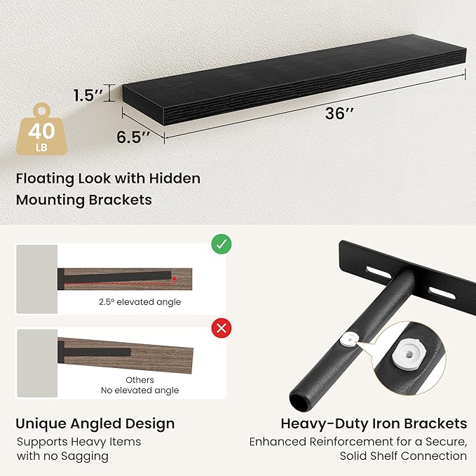 Fun Memories Floating Shelves for Wall, Rustic Wood Wall Mounted Shelves for Bathroom, Bedroom, Living Room & Kitchen, Storage Display Shelves, (Set of 2, Black, 36 in)