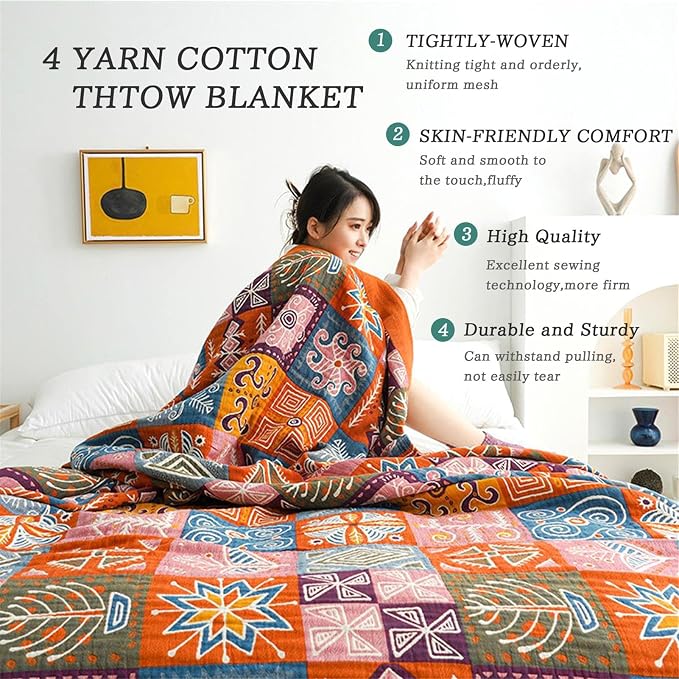 MSGKV Summer Cotton Throw Boho Blanket for Couch Bed, 60"x80" Muslin Brathable Lightweight Travel Decor Blanket for Bedroom