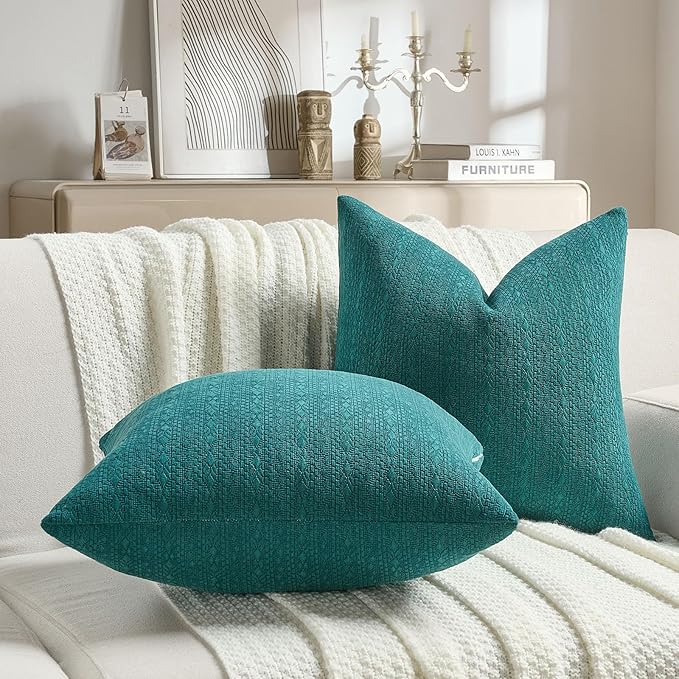FUTEI Teal Chenille Throw Pillow Covers 24x24 Inch Set of 2,Soft Striped & Diamond Textured European Cushion Cases,Modern Home Decor for Couch Living Room