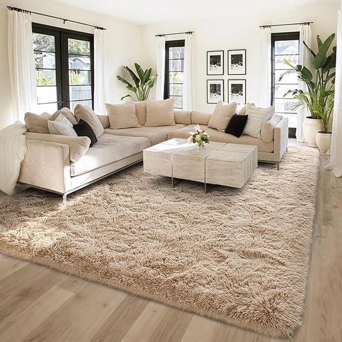 FinRèc 6x9 Feet Tan Rugs for Living Room Bedroom, Fluffy Plush Area Rug, Non-Slip High Pile Shaggy Rug for Kids Room Dorm Room Home Decor, Indoor Solid Shag Floor Carpet
