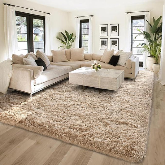 FinRèc 6x9 Feet Tan Rugs for Living Room Bedroom, Fluffy Plush Area Rug, Non-Slip High Pile Shaggy Rug for Kids Room Dorm Room Home Decor, Indoor Solid Shag Floor Carpet