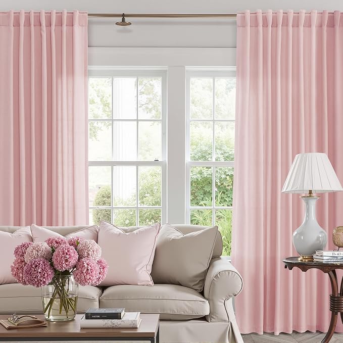 Jowels Pink Linen Curtains 82 Inch Long 2 Panels for Living Room | Light Filtering Semi Sheer Curtain, Back Tab Pocket Pleated Look, Boho Farmhouse Textured Privacy Drapes for Bedroom Window