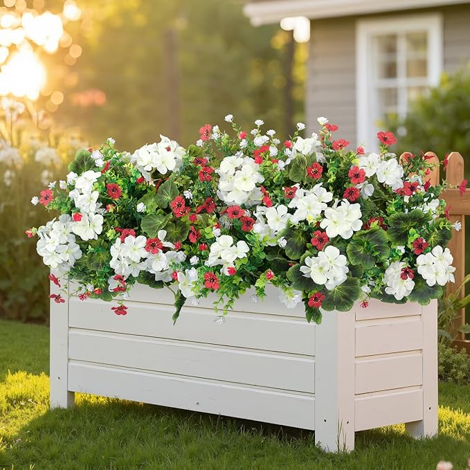 Ouddy Decor 18'' Artificial Geraniums Flowers for Outdoors, 10 Bundles Mixed Fake Silk Flowers Plastic Plants UV Resistant for Summer Garden Porch Patio Planter Home Decor, White