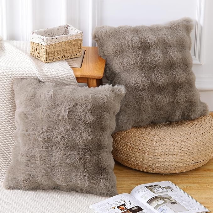 MADIZZ Pack of 2 Thick Plush Faux Wool Throw Pillow Covers Soft Boho Throw Pillows Luxurious Cushion Covers for Couch Sofa Bedroom Living Room Home Decor 22x22 Inch Taupe