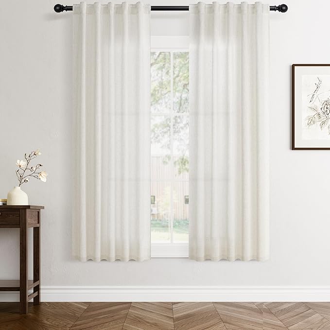 Jowels Natural Linen Curtains 68 Inch Long 2 Panels for Living Room | Ivory Light Filtering Sheer Curtain,Back Tab Pocket Pleated Look,Modern Farmhouse Textured Privacy Drapes for Bedroom Window