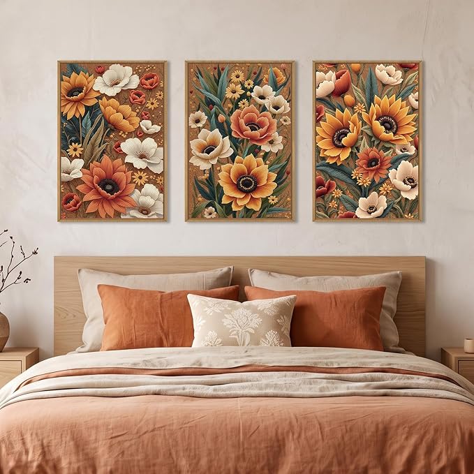 BICERE Large Boho Flower Botanical Framed Canvas Wall Art,Abstract Floral Wall Decor,Embroidery Plant Painting,Bloom Wildflower Artwork for Living Room,Bedroom,Dining Room,Office -16"x24"x3