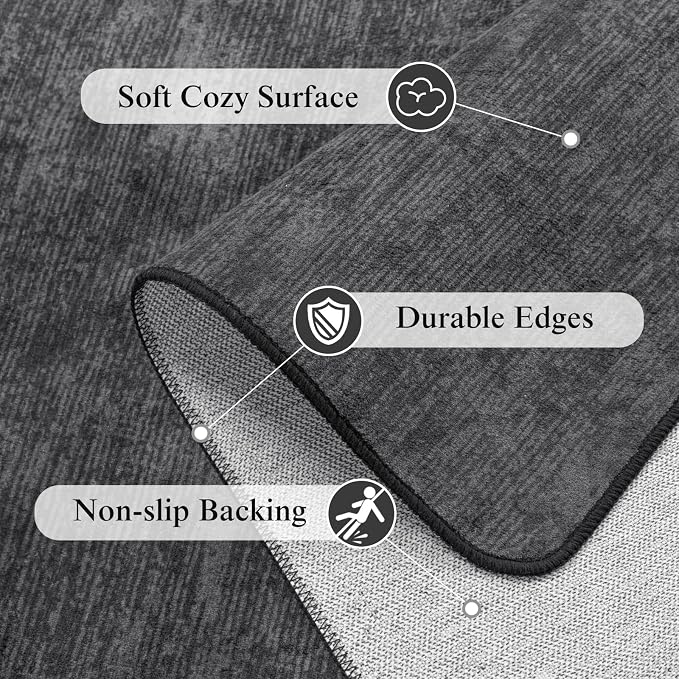 3x5 Washable Area Rug, Black Solid Area Rugs for Living Room & Bedroom | Stain-resistant & Non-slip backing,Low Pile Washable Large Carpet, Solid Vintage Style For High Traffic Areas(3x5,Black)