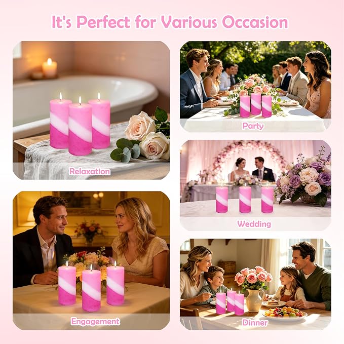 French Rose Scented Pillar Candles, 100% Cotton Core Handmade Striped Paraffin Wax Candles Decorative for Home Wedding Dating, 70H+ Burn Time|1PC, 3x6 Inch Set of 3
