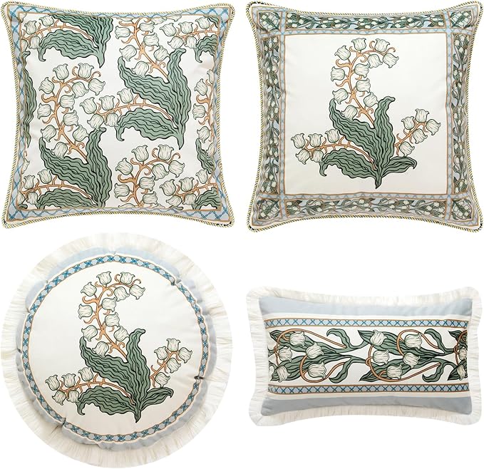 patdrea Designer French Velvet Throw Pillow Cover,Set of 4,-Callista | Elegant Lumbar Pillow Case,Green Vintage Floral Design,Decor Cushion Coverfor Couch Living Room Bedroom Sofa,Fringe Trim