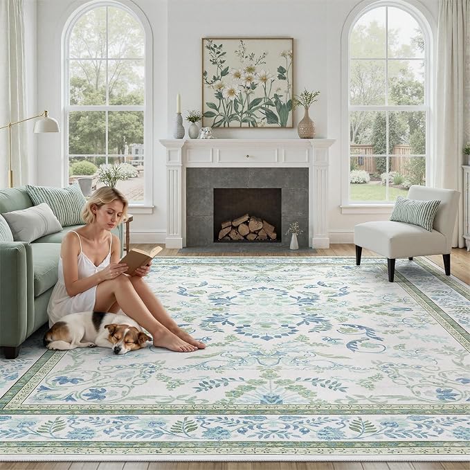 DCX Green 10x14 Rug, Kid & Pet Friendly with Rubber Back Non Slip, Machine Washable Stain Resistant Botanical Floral Rug for Living Room, Bedroom, Soft Low Pile Large Nursery Carpet