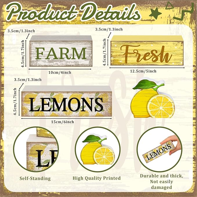 Moucuny 4 Pcs Summer Lemon Decor Wooden Lemon Tiered Tray Decor Farmhouse Rustic Lemons Table Decoration Lemons Book Block Summer Decoration for Home Office Kitchen Mantel Shelf