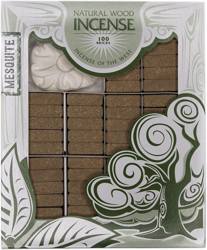 Incienso de Santa Fe - Mesquite Natural Wood Incense Bricks with Holder, 100 Count - Made in the USA