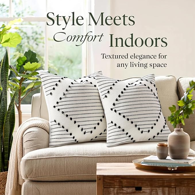 Mecatny Boho Outdoor Throw Pillow Covers 20X20 Set of 2, Farmhouse Decorative Pillow Covers for Couch Sofa Living Room, Black & Cream White