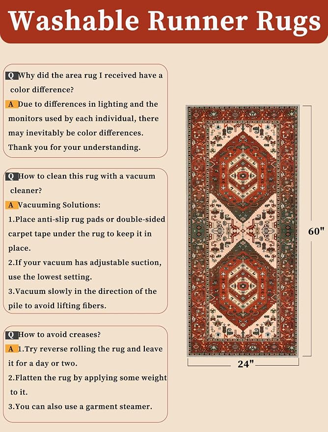 SERISSA Boho Washable Runner Rug, 2x5 Rug Runner Non-Slip Vintage Terracotta Green Hallway Kitchen Runner Rug Ultra Soft Print Distressed Floor Carpet Runner for Bedroom Laundry Living Room