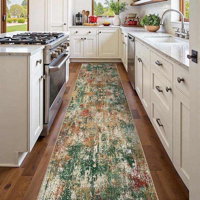 RELEANY Washable Area Rugs 2'x8' Non-Slip Modern Abstract Soft for Living Room Entryway Bedroom Nursery, Print Pattern, Green Orange Rust Red Cream Colorful