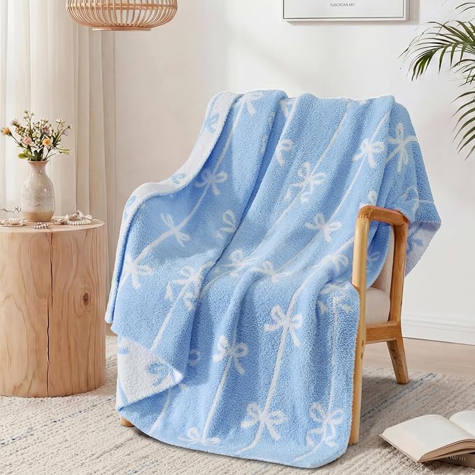 WRENSONGE Soft Throw Blanket for Couch-Cozy Reversible Knitted Blankets | Lightweight Warm Fluffy Decor for Women, Mom, Her & Girls, Sofa, Chair, Bed, 50x60in, Blue Bow
