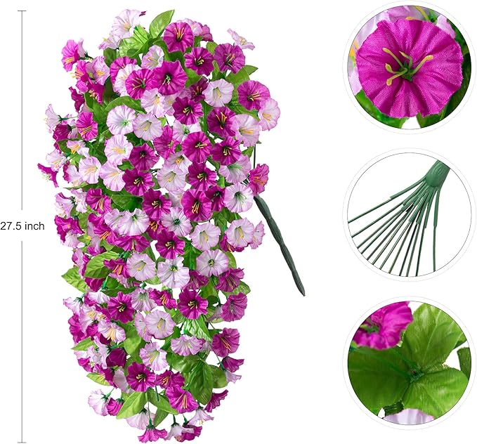 INXUGAO Artificial Fake Hanging Flowers Plants for Outdoor Decoration, 2PCS Faux Silk Morning Glory Long Vines Stems UV Resistant Look Real for Outside Home Porch Patio(Violet)