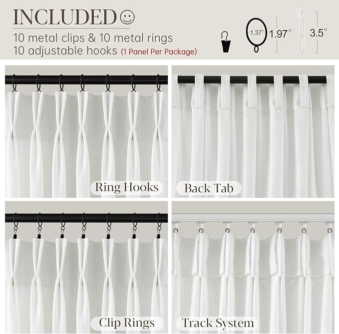 60 Inch Extra Wide Pinch Pleated Linen Curtains 84 Inch Length for Living Room Large Window Drapes Light Filtering Privacy for Bedroom Back Tab with Hooks Clip Rings Beige White 60W x 84L