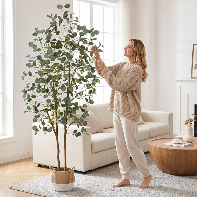 Warmplants Artificial Eucalyptus Tree, 7ft Tall Silk Leaves Fake Plant with Basket for Outdoor Indoor, 83'' Faux Eucalyptus Trees for Home Office Livingroom Floor Décor