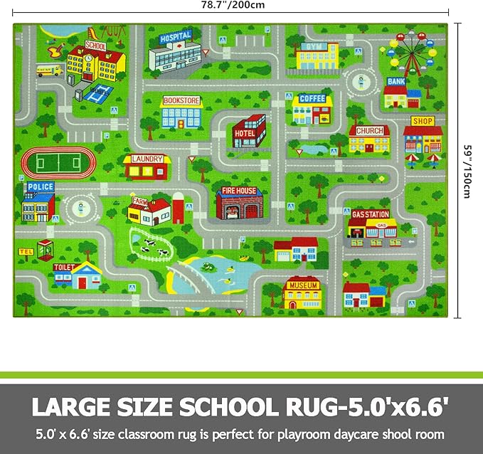 Capslpad Green Car Road Kid Rug Carpet Playmat for Playoom Traffic Road Kids Play Mat for Toddler Non Slip Washable City Map Race Track Carpet Rug for Kids Room Bedroom Nursery Room Decor,6.6'x5'