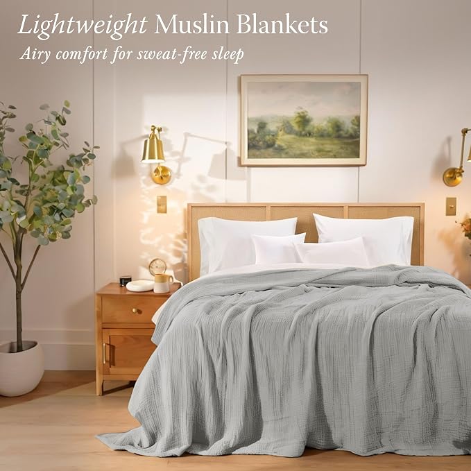 Threadmill Summer Muslin Twin Blanket | 4 Layer 100% Cotton Gauze Blanket | Pre Washed, Soft and Breathable Muslin Throw Blanket | Ideal for All Seasons | Lightweight Picnic Blanket| Light Grey