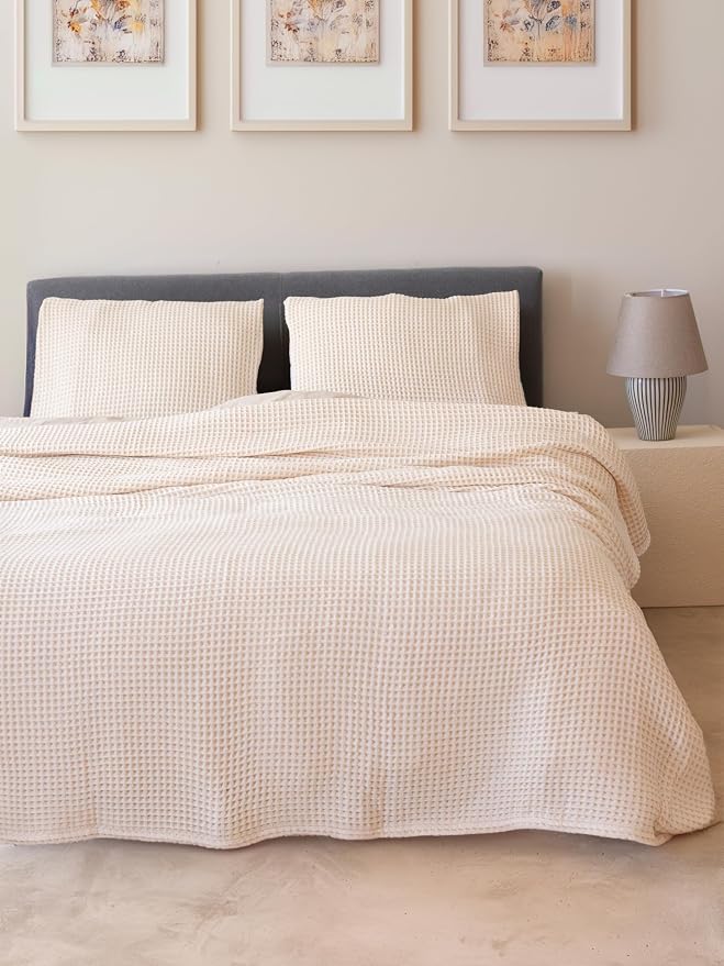 Premium Waffle Throw Blanket California King Size Natural Undyed - 100% Turkish Cotton, Light and Airy Waffle All-Season Quilt - Luxury Decorative Bedspread (Natural, 95" x 126" Inch)