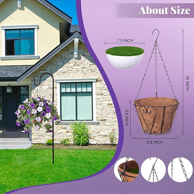 Ammyoo Artificial Hanging Fake Flowers with Basket Plants for Outdoor Decoration, Faux Silk Flower UV Resistant Morning Glory for Home Porch Patio Garden Balcony Yard Look Real (Purple White)