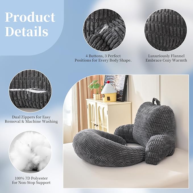 19" Reading Pillow for Bed,U Shaped Arm & Elbow Support,Gray Corduroy | Backrest Supports Back,U Shaped Lap Pillow Cushions Arms,Elbows & Wrists,Ribbed Corduroy for Reading,Gaming,Watching TV
