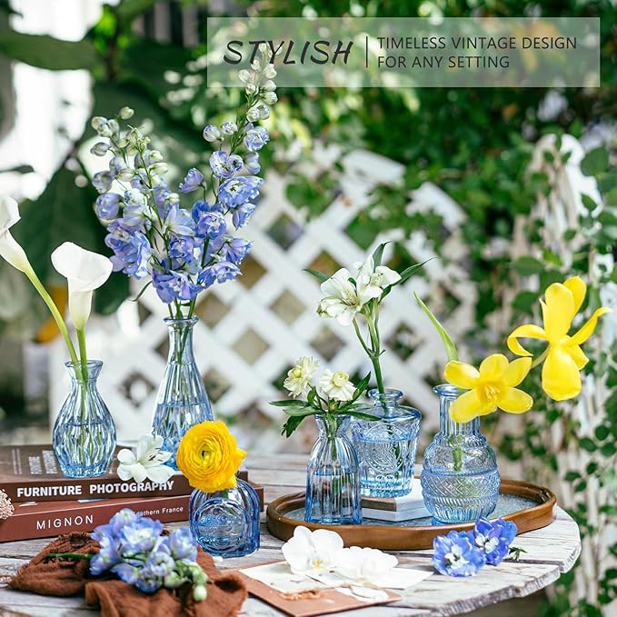SUPMIND 16pcs Glass Bud Vase Set, Small Blue Flower Vases for Centerpieces in Bulk, Mini Vintage Vase for Wedding, Home Decor, Table Decoration