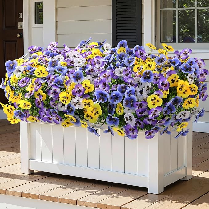 Alupssuc 24 Bundles Artificial Flowers for Outdoors, Fake Spring Flowers for Decoration, UV Resistant Realistic Pansies with Eucalyptus Silk Faux Flowers for Porch Patio Yard, 4 Mix Colors