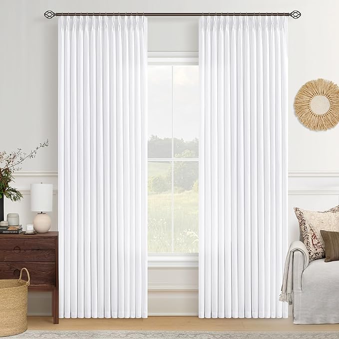 White Pinch Pleated Linen Curtains 84 Inch Long 2 Panels for Living Room Bedroom Elegant Boho Farmhouse Thick Linen Textured Semi Sheer Back Tab Pinch Pleat Hooks Rings Window Curtain 84 Inch Length