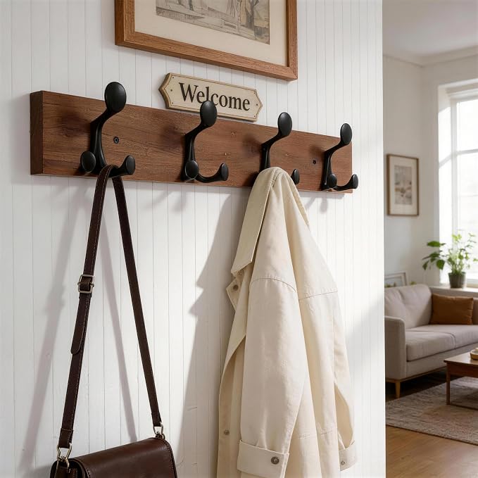 WEBI Coat Rack Wall Mount,24" Solid Wood Coat Hooks Wall Mounted Coat Hanger,16" Hole to Hole,Heavy Duty 4 Triple Hooks for Hanging Coats,Jacket,Hat,Backpack,Farmhouse,Reddish Brown,2 Packs