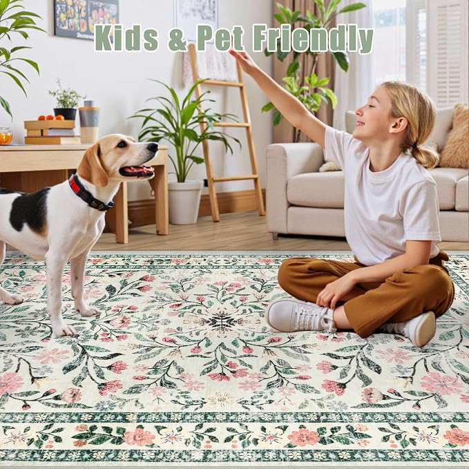 Area Rug Living Room Rugs: Floral 3x5 Washable Rug Vintage Soft Boho Non-Slip Carpet Indoor Floor Stain Resistant Large Carpets for Bedroom Dining Room Farmhouse Nursery Hallway Green/Beige