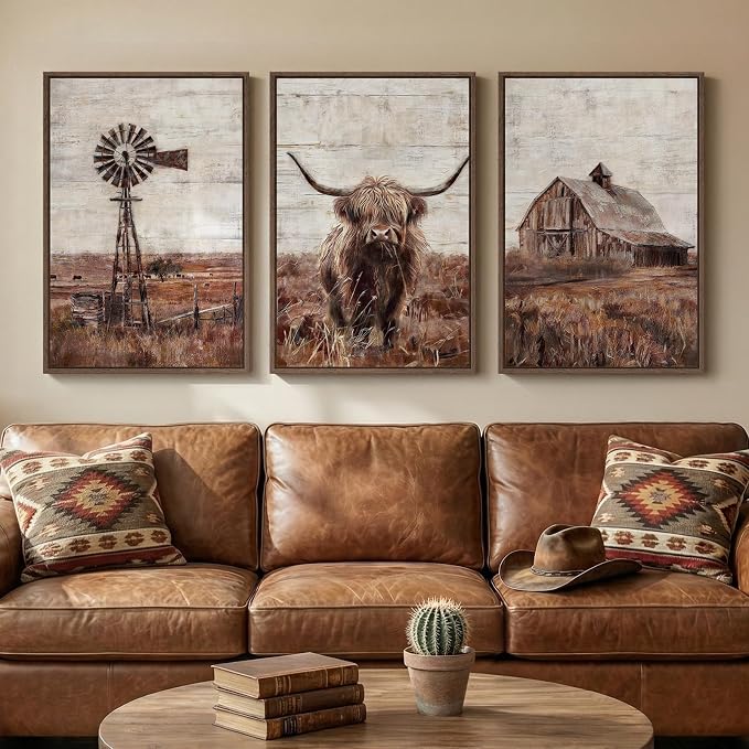 Framed Highland Cow Wall Art for Living Room, Set of 3 Pieces Modern Farmhouse Canvas Prints, Brown Rustic Country Barn Wall Decor for Bedroom Dining Room Hallway 20x30 Inch