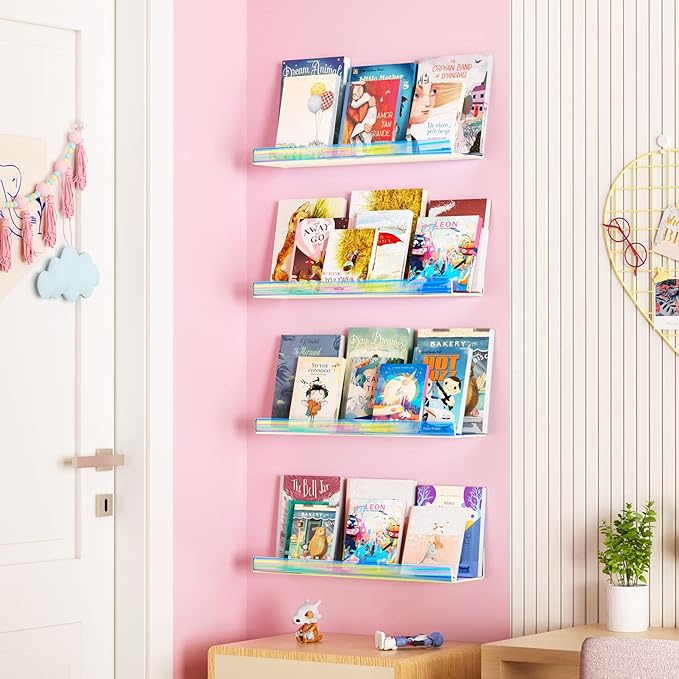 upsimples Acrylic Shelves for Wall Decor, 15" Display Shelf for Perfume, Skincare, Nail Polish, Wall Organizer for Bathroom, Bedroom, Living Room, Playroom, Kids Bookshelf, Iridescent, 2 Pack