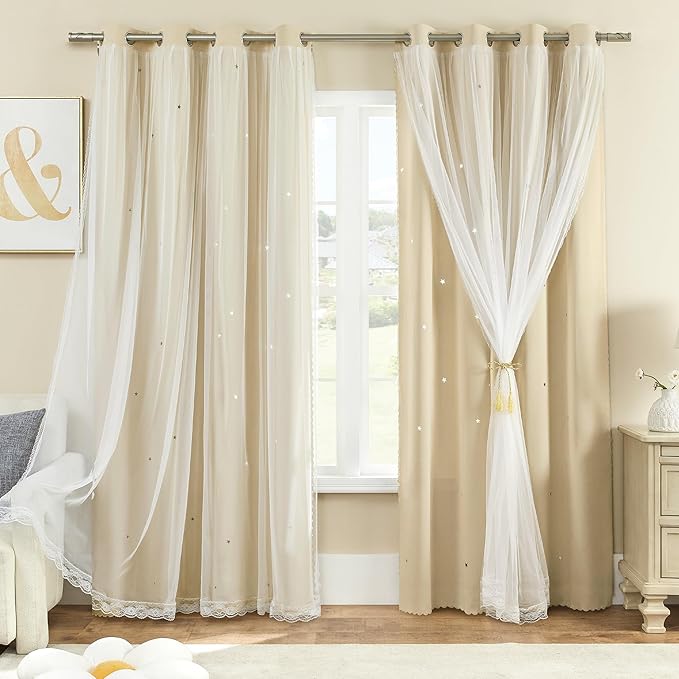 XiDi Biege Blackout Curtains 90 Inches Long for Bedroom Living Room 2 Panels Double Layer Curtains with Sheer Overlay Star Cut Out Wall Home Kid Girl Decor Thermal Grommet Window Drapes W52 X L90