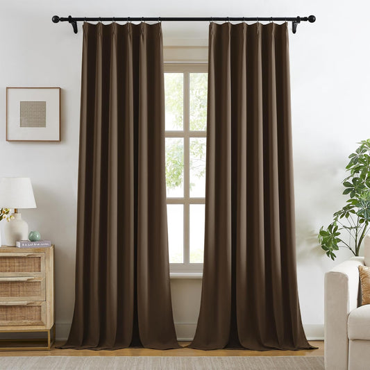 KangBang Dark Brown Blackout Pinch Pleat Curtains 96 Inches Long for Bedroom, Custom Made Pinch Pleated Memory Trained Window Drapes for Living Room Office with Hooks 2 Panels,40”Wx96”L