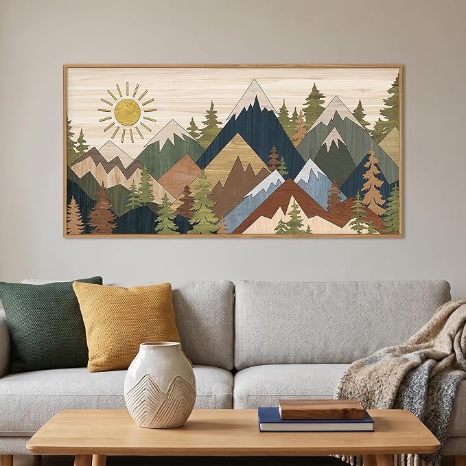 BICERE Large Abstract Mountain Woodcut Framed Canvas Wall Art,Vintage Pine Tree Wall Decor,Rustic Nature Forest Painting,Neutral Artwork for Living Room,Bedroom,Dining Room,Farmhouse - 20"x40"x1