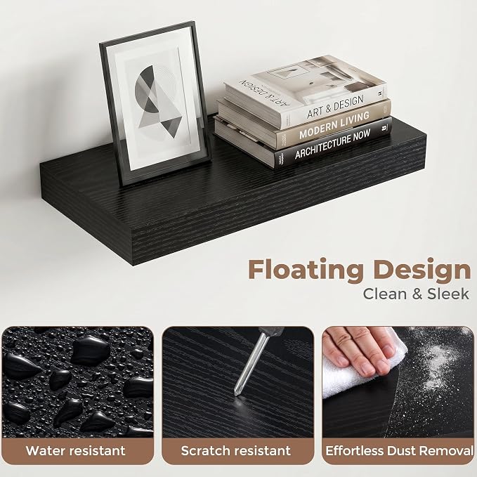 16 Inch Floating Shelves for Wall, 8"D Wood Storage Shelves, Black Finish | Engineered Wood, Invisible Bracket, Large Storage, Easy Install, Hold Up to 33lbs, Living Room, Bathroom, Bedroom, Kitchen