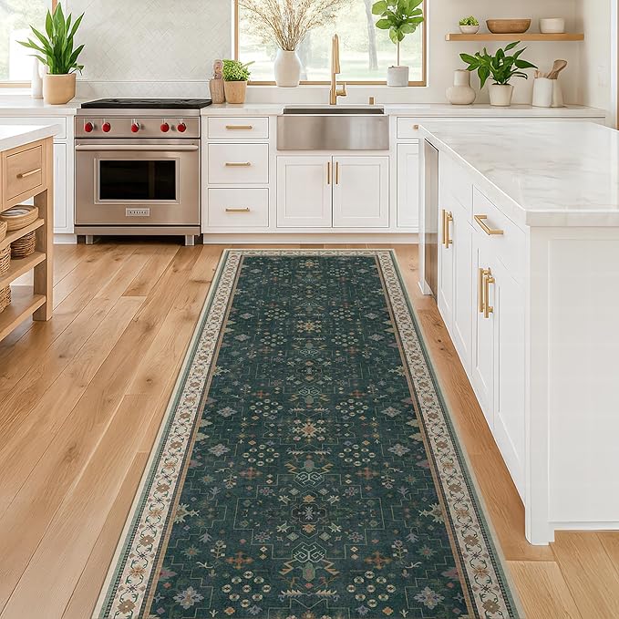 Hazo Haus Vintage Dark Green 2x10 Hallway Runner Rug - Modern Boho Eclectic Floral Pastel, Washable Low Pile Non-Slip Extra Long Runner Rugs for Kitchen, Bedroom
