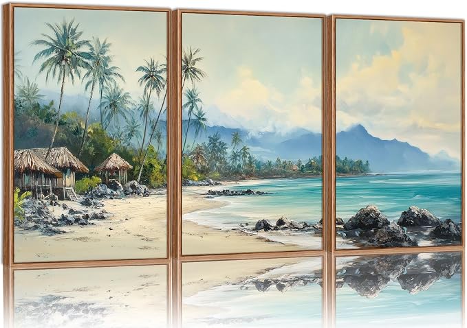 Rantodecor Tropical Coastal Framed Canvas Wall Art, Beach Landscape Posters Wall Decor, Island Palm Trees Beach House Art Paintings, Seascape Mountains Artwork for Bedroom Living Room Office 24"x36"x3