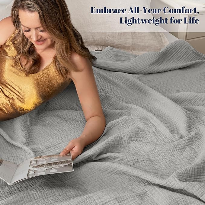 PHF 100% Cotton Muslin Blanket Twin XL Size 66"x90", 4-Layer Lightweight Gauze Throw, Breathable Cloud-Soft Minimalist Blanket for Bed, Couch, Camping & Baby, Light Grey, Ideal Gift