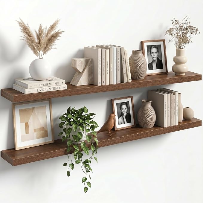 55" Floating Shelves for Wall, Set of 2, 8" Deep, 1.5" Thick, Walnut Finish | Rustic Wood Wall Shelves with Invisible Brackets, Storage and Display for Bathroom, Bedroom, Living Room or Kitchen